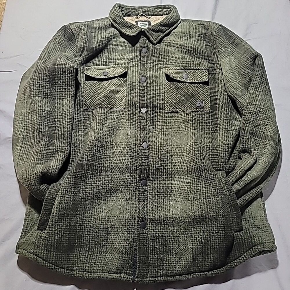 Voyager Sherpa Lined Olive Green Flannel Plaid Fleece Shirt/Jacket Men's XLarge